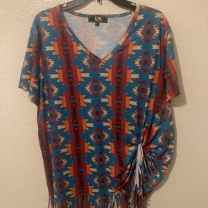L&B V-Neck Top with Blue and Red Geometric Design